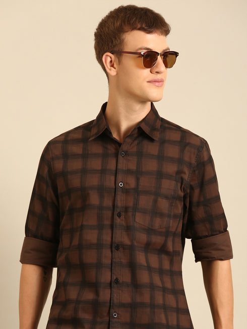 Dark Brown Checked Full Sleeve Casual Shirt